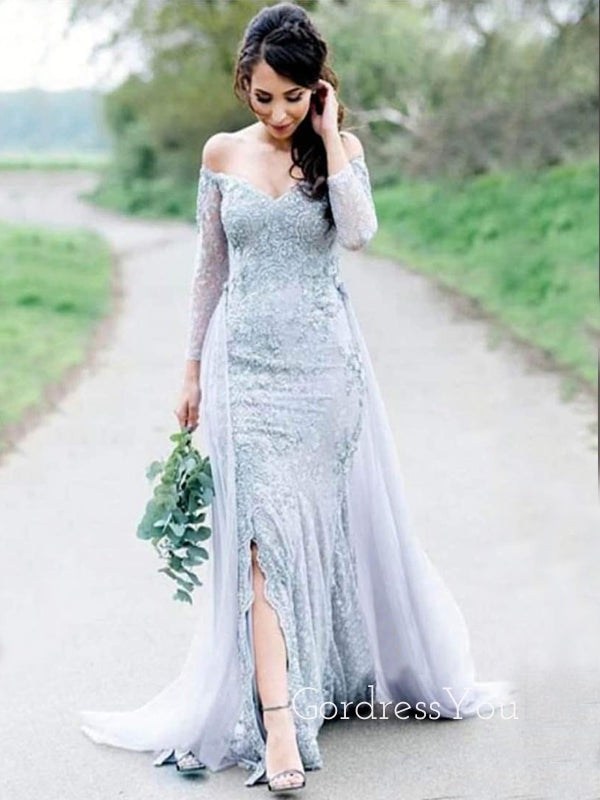 Off Shoulder Grey Lace Long Sleeves Mermaid Long Evening Prom Dresses, MR7675