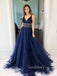 A-Line V-neck Navy Blue Tulle Beaded Long Evening Prom Dresses, Cheap Custom Prom Dresses, MR7691