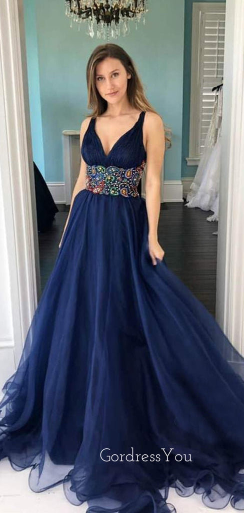 A-Line V-neck Navy Blue Tulle Beaded Long Evening Prom Dresses, Cheap Custom Prom Dresses, MR7691