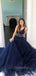 A-Line V-neck Navy Blue Tulle Beaded Long Evening Prom Dresses, Cheap Custom Prom Dresses, MR7691