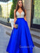 A-line Royal Blue Satin V Neck Beaded Long Evening Prom Dresses, Cheap Custom prom dresses, MR7692