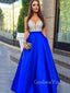 A-line Royal Blue Satin V Neck Beaded Long Evening Prom Dresses, Cheap Custom prom dresses, MR7692