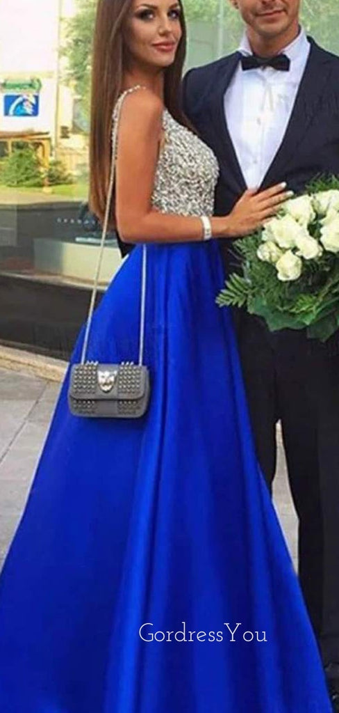 A-line Royal Blue Satin V Neck Beaded Long Evening Prom Dresses, Cheap Custom prom dresses, MR7692