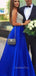 A-line Royal Blue Satin V Neck Beaded Long Evening Prom Dresses, Cheap Custom prom dresses, MR7692