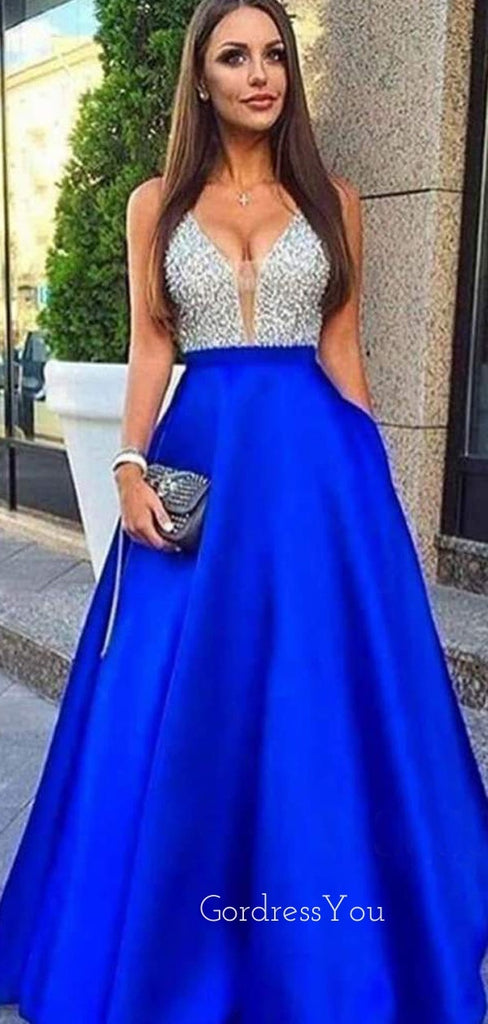 A-line Royal Blue Satin V Neck Beaded Long Evening Prom Dresses, Cheap Custom prom dresses, MR7692