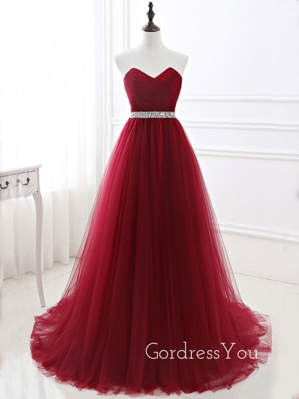 Burgundy Tulle A-line Beaded Strapless Long Evening Prom Dresses, Cheap Custom Prom Dress, MR7694