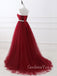 Burgundy Tulle A-line Beaded Strapless Long Evening Prom Dresses, Cheap Custom Prom Dress, MR7694