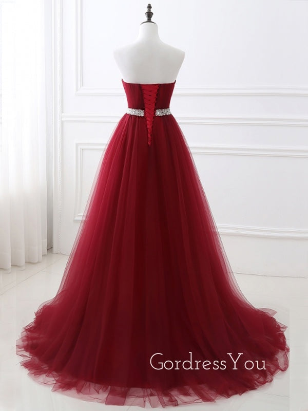 Burgundy Tulle A-line Beaded Strapless Long Evening Prom Dresses, Cheap Custom Prom Dress, MR7694