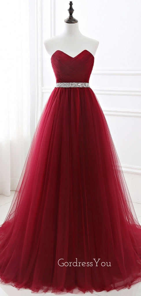 Burgundy Tulle A-line Beaded Strapless Long Evening Prom Dresses, Cheap Custom Prom Dress, MR7694