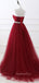 Burgundy Tulle A-line Beaded Strapless Long Evening Prom Dresses, Cheap Custom Prom Dress, MR7694