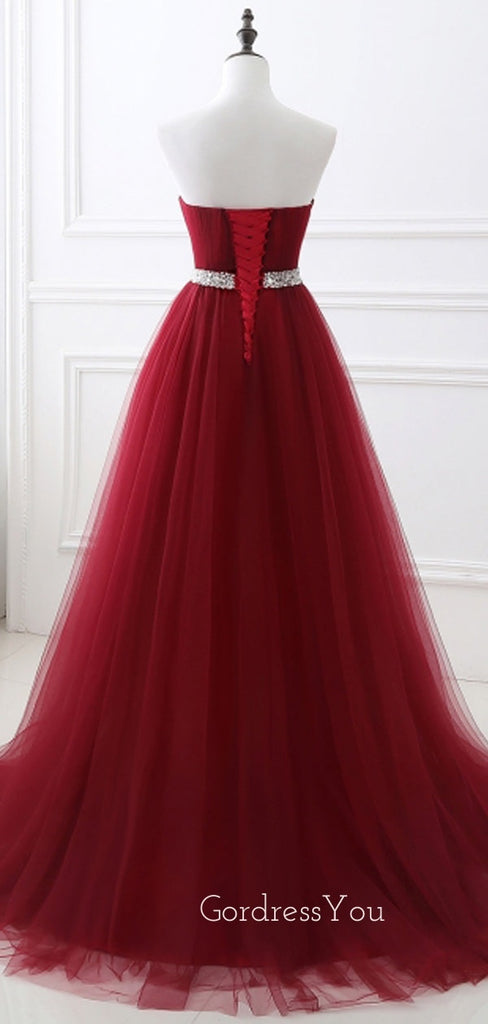 Burgundy Tulle A-line Beaded Strapless Long Evening Prom Dresses, Cheap Custom Prom Dress, MR7694