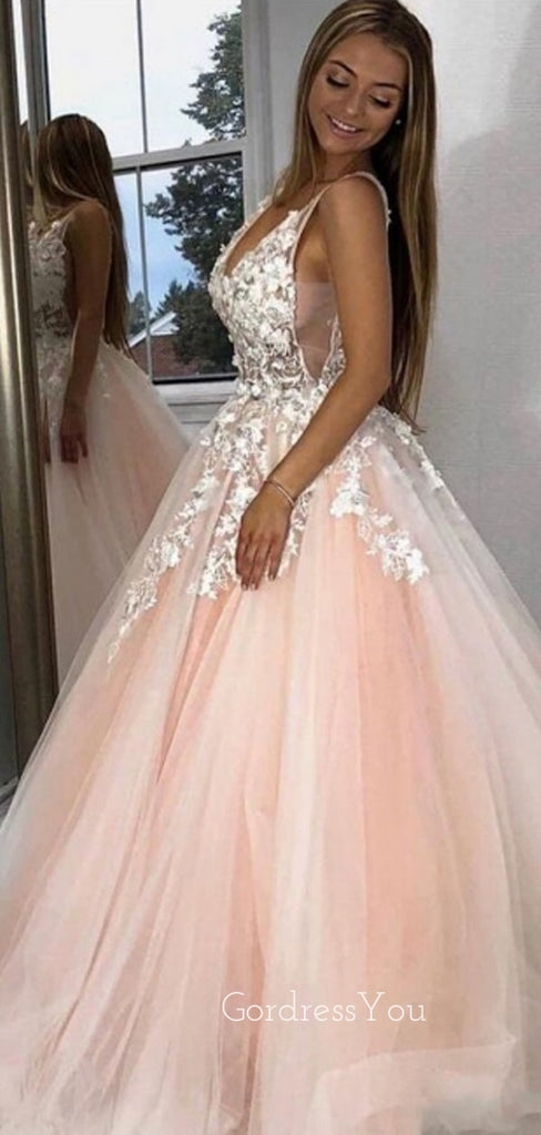 Pink Tulle A-line V Neck Appliques Long Lace Evening Prom Dresses, Cheap Custom Prom Dresses, MR7697