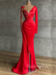 Mermaid Red Satin V-neck Appliques Long Evening Prom Dresses, Cheap Custom prom dresses, MR7705