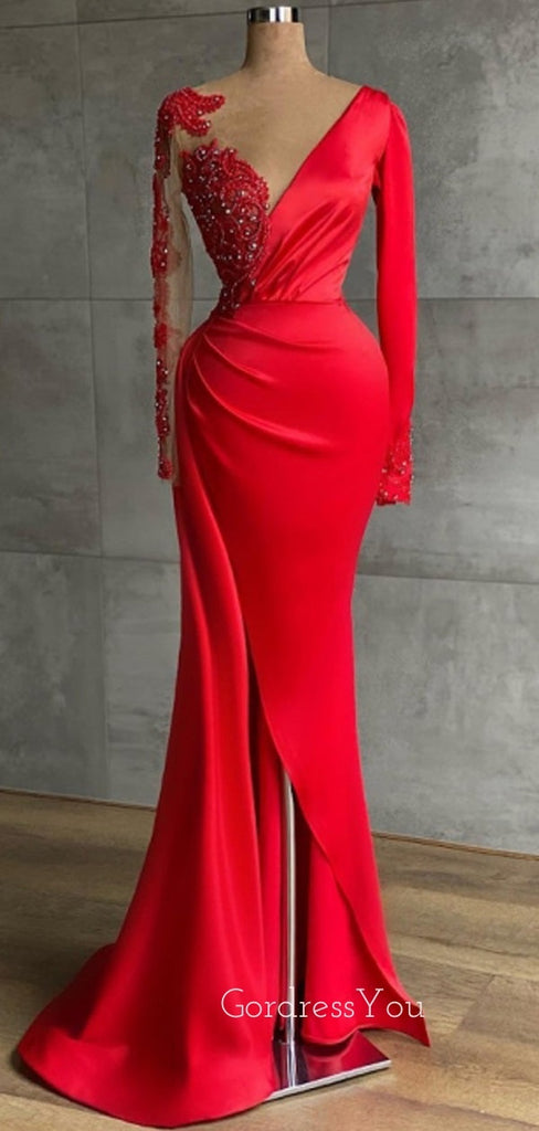 Mermaid Red Satin V-neck Appliques Long Evening Prom Dresses, Cheap Custom prom dresses, MR7705