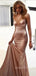 Mermaid Rose Gold Satin Criss-cross Spaghetti Straps Long Evening Prom Dresses, Cheap Custom prom dresses, MR7706