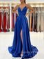 A-line Royal Blue Satin Spaghetti Straps Long Evening Prom Dresses, Cheap Custom prom dresses, MR7711