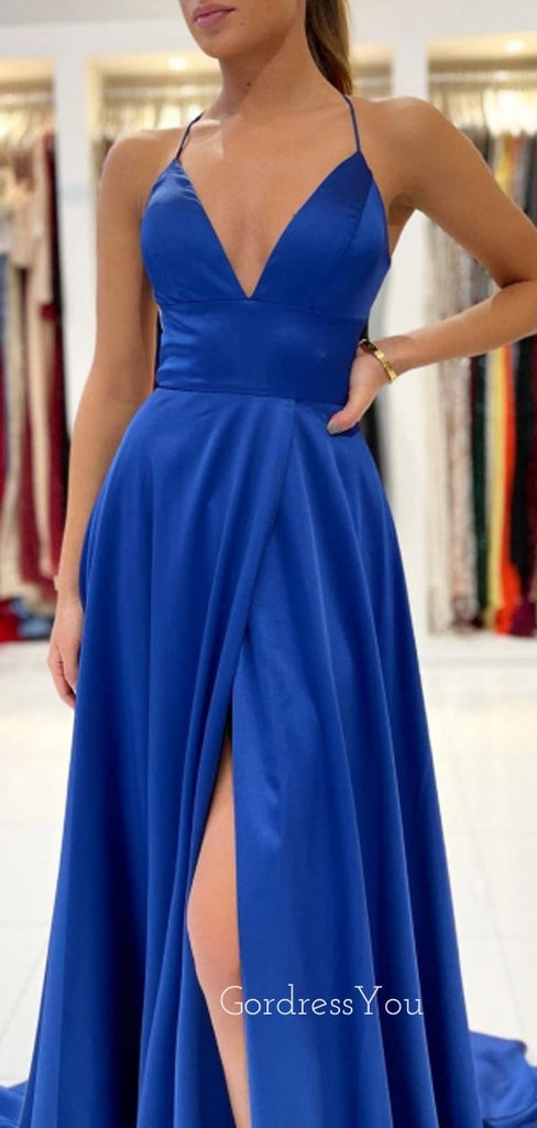 A-line Royal Blue Satin Spaghetti Straps Long Evening Prom Dresses, Cheap Custom prom dresses, MR7711