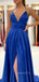 A-line Royal Blue Satin Spaghetti Straps Long Evening Prom Dresses, Cheap Custom prom dresses, MR7711