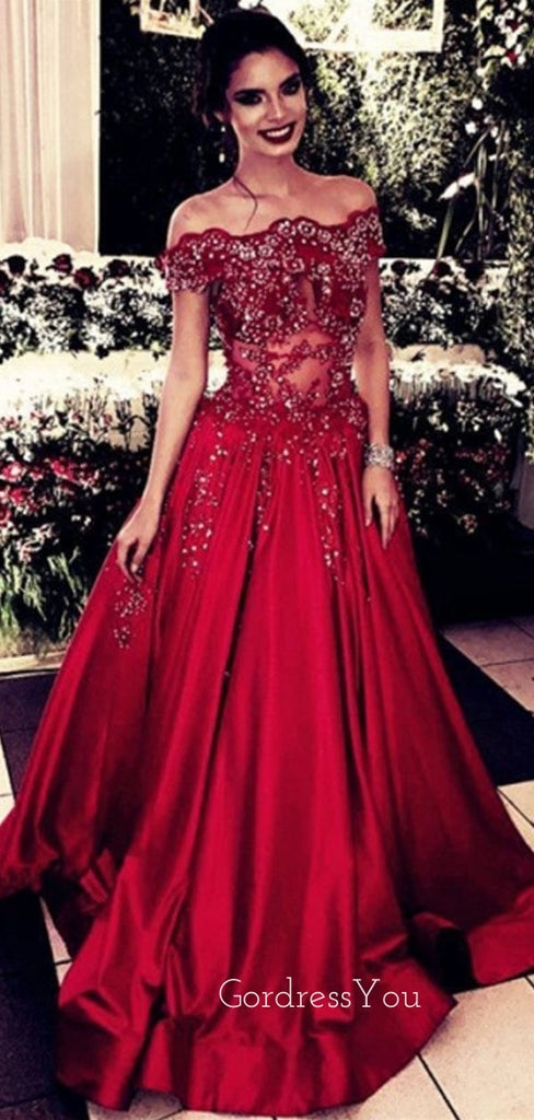 A-line Off Shoulder Burgundy Satin Appliques Beaded Long Evening Prom Dresses, Cheap Custom Prom Dresses, MR7731