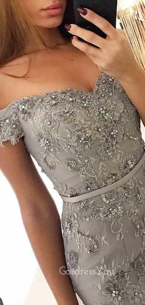 Off Shoulder Mermaid Grey Tulle Lace Appliques Long Evening Prom Dresses, Cheap Custom Prom dresses, MR7735