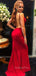 Mermaid Red Satin Spaghetti Straps Long Backless Evening Prom Dresses, Cheap Custom prom dresses, MR7748