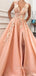 A-line Sunset Tulle V Neck Appliques Long Lace Evening Prom Dresses, Cheap Custom Prom Dresses, MR7754