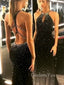 Column Halter Black Long Beaded Backless Evening Prom Dresses, Cheap Custom prom dresses, MR7755