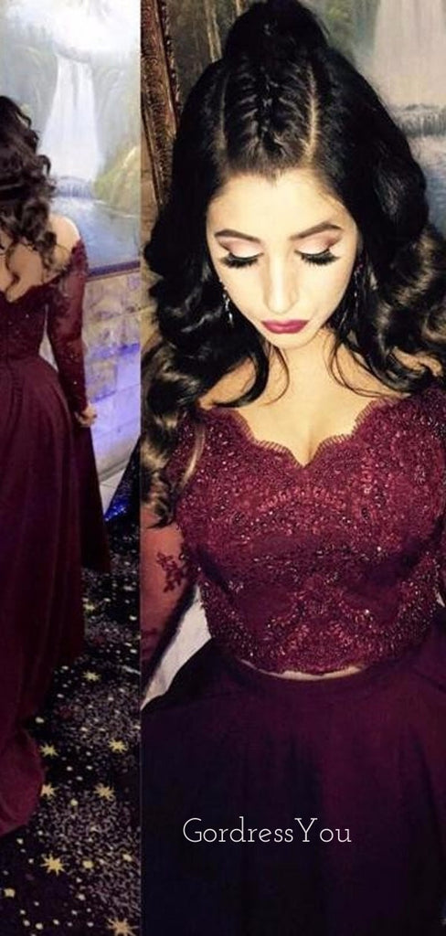 Burgundy Satin Lace Long Sleeves Applique Long High-low Evening Prom Dresses, MR7764