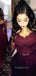 Burgundy Satin Lace Long Sleeves Applique Long High-low Evening Prom Dresses, MR7764