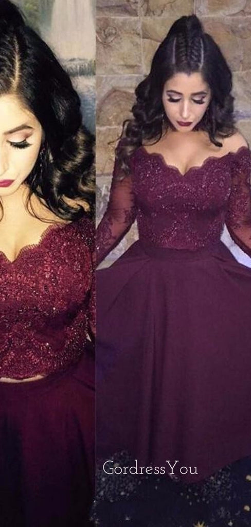 Burgundy Satin Lace Long Sleeves Applique Long High-low Evening Prom Dresses, MR7764