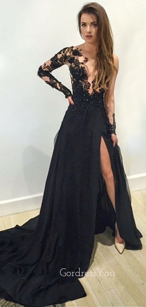 A-line Long Sleeves Applique Side Slit  Black Long Evening Prom Dresses, MR7766