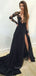 A-line Long Sleeves Applique Side Slit  Black Long Evening Prom Dresses, MR7766