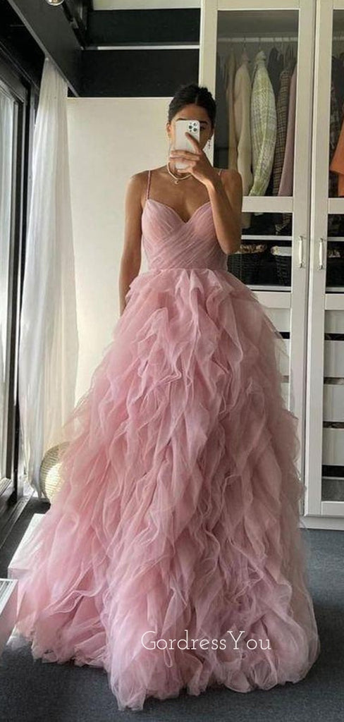 A-line Pink Tulle V-neck Pleat Simple Spaghetti Straps Long Evening Prom Dresses, Cheap Custom Prom Dress, MR7791