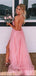 A-line Spaghetti Straps Pink Tulle Appliques Side Slit Lace Long Evening Prom Dresses, MR7792