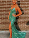 Green Sequin Mermaid Spaghetti Straps Long Evening Prom Dresses, Cheap Custom Prom Dresses, MR7795