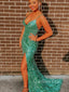 Green Sequin Mermaid Spaghetti Straps Long Evening Prom Dresses, Cheap Custom Prom Dresses, MR7795