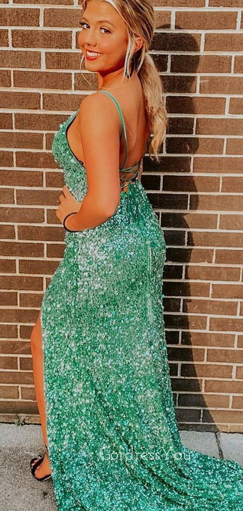 Green Sequin Mermaid Spaghetti Straps Long Evening Prom Dresses, Cheap Custom Prom Dresses, MR7795