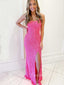 Mermaid Hot Pink Sequin Spaghetti Straps Long Evening Prom Dresses, Cheap Custom Prom Dresses, MR7800