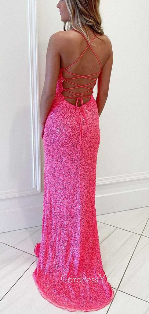 Mermaid Hot Pink Sequin Spaghetti Straps Long Evening Prom Dresses, Cheap Custom Prom Dresses, MR7800