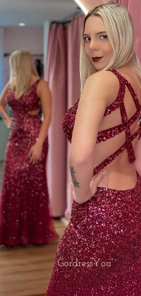 Mermaid Burgundy Sequin V-neck Long Evening Prom Dresses, Cheap Custom Prom Dresses, MR7804