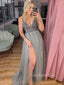 Grey Tulle See Through V-neck Beaded Long Evening Prom Dresses, Cheap Custom V-back Prom Dress, MR7805