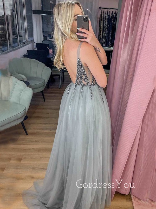 Grey Tulle See Through V-neck Beaded Long Evening Prom Dresses, Cheap Custom V-back Prom Dress, MR7805