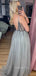 Grey Tulle See Through V-neck Beaded Long Evening Prom Dresses, Cheap Custom V-back Prom Dress, MR7805