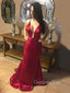 Sexy Deep V-neck Burgundy Satin Mermaid Long Evening Prom Dresses, Cheap Custom Prom Dresses, MR7815