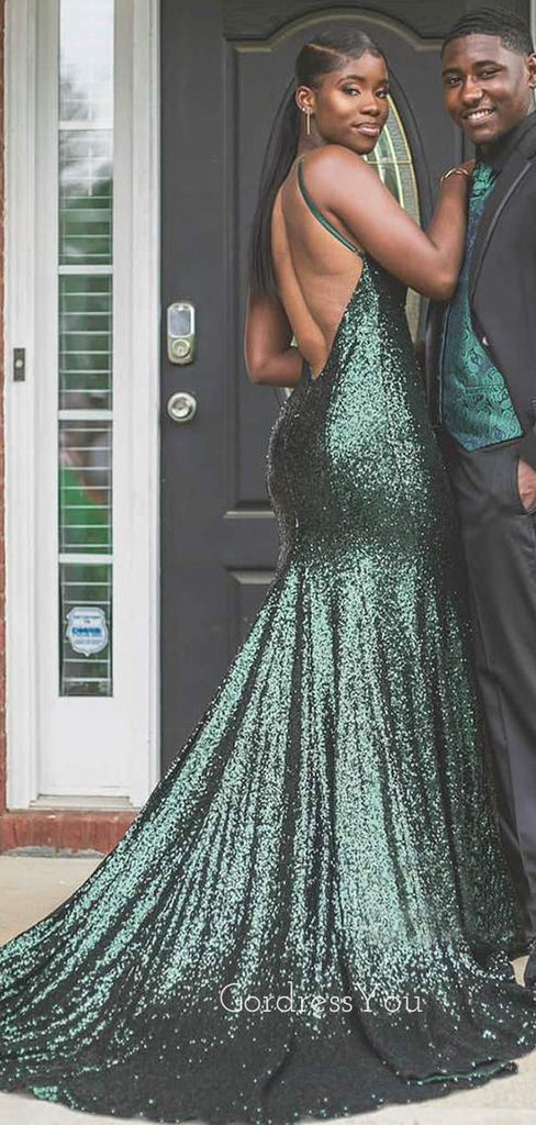 Green Sequin Mermaid V neck Long Evening Prom Dresses Cheap Custom Pr GordressYou