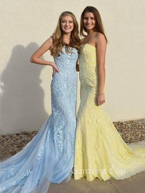 Tulle Mermaid Lace Strapless Long Evening Prom Dresses, MR7819