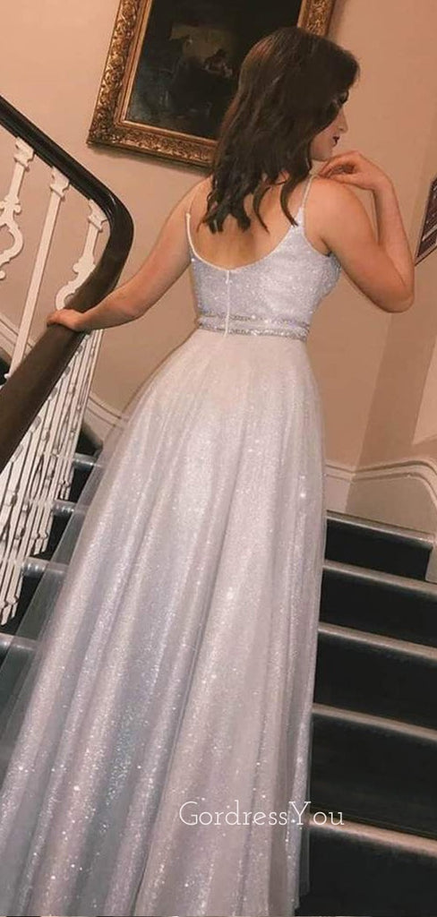 A-line Silver Tulle Sparkly Spaghetti Straps Long Evening Prom Dresses, Cheap Custom Prom Dress, MR7820