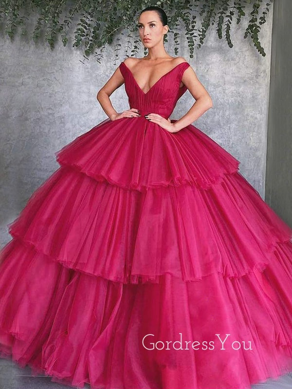 Ball Gown Burgundy Tulle V-neck Long Evening Prom Dresses, Cheap Custom Prom Dresses, MR7821