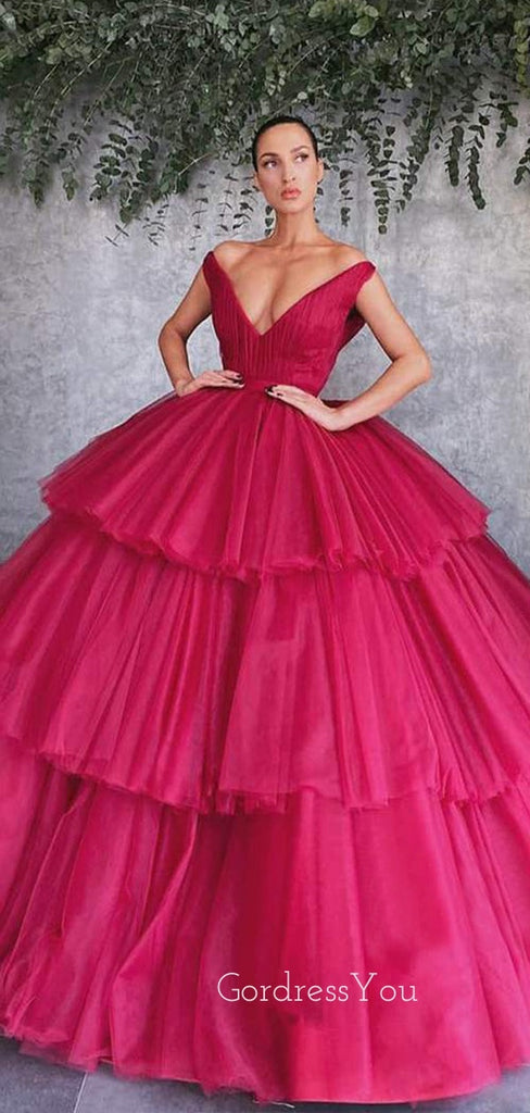 Ball Gown Burgundy Tulle V-neck Long Evening Prom Dresses, Cheap Custom Prom Dresses, MR7821