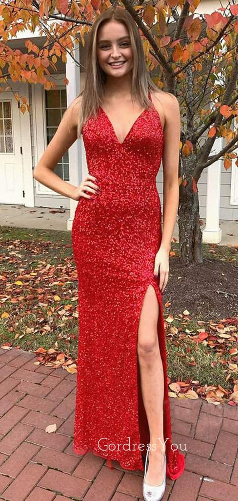 Red Sequin Mermaid Spaghetti Straps Long Evening Prom Dresses, Cheap Custom Prom Dresses, MR7834